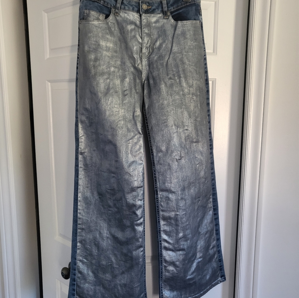 High waisted, wideleg, handpainted silver metallic jeans.  Vintage Indigo Rein.